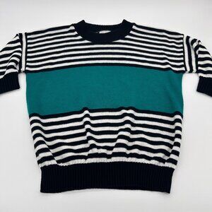 Vintage More in Motion Sweater One Size Blue Striped Color Block Made USA 80s